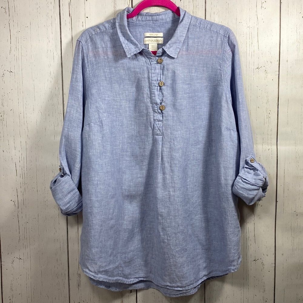 Cynthia Rowley Coastal Linen Minimalist  100% Linen Blue Tunic Top XL Lagenlook